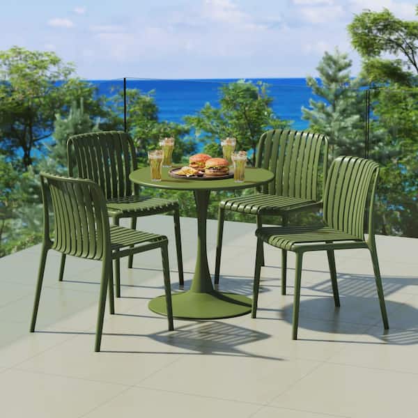 Frond and Form Outdoor Patio Modern 5-Piece Round HDPE Plastic Dining Table Set with Stackable Chairs, Olive Green