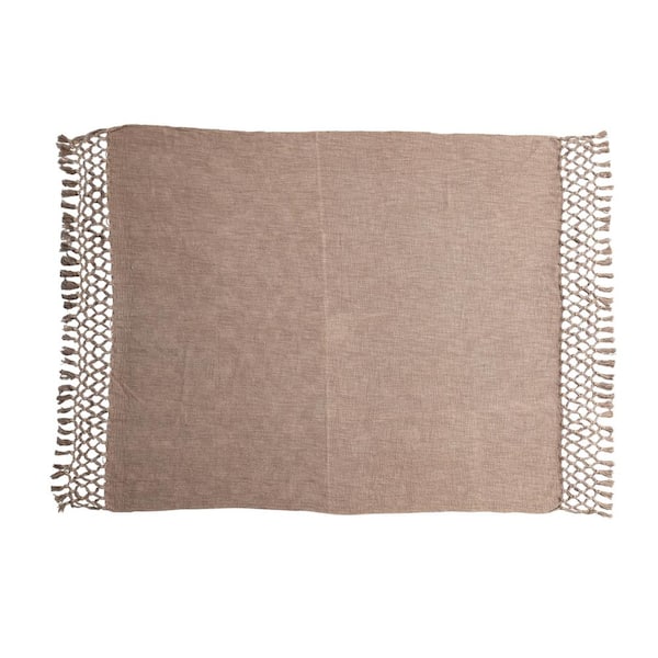 Brown Bohemian Cotton Slub Throw Blanket with Crochet and Fringe