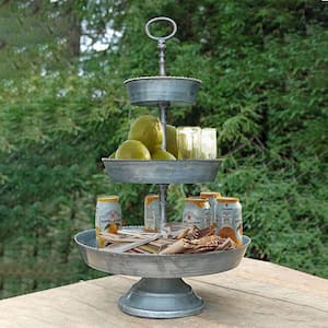 Silver Galvanized 3-Tier Studded Metal Tray