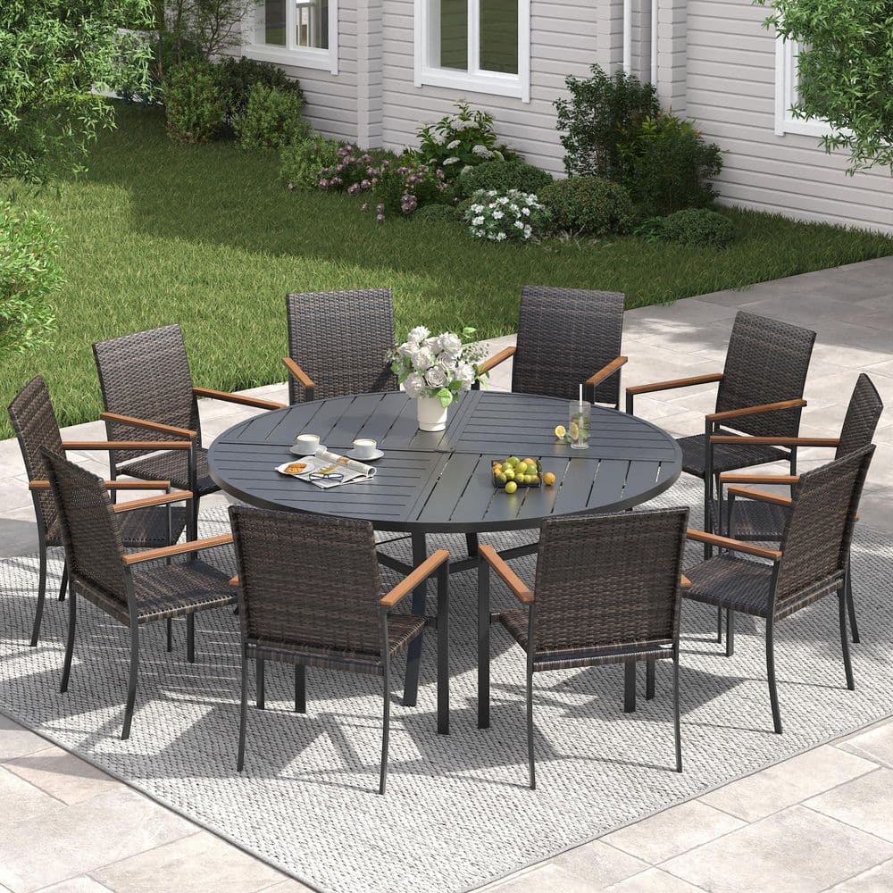 11-Piece Metal Outdoor Dining Set with 59.8 in. Black Round Dining Table and 10 Wicker Stackable Dining Chairs in Brown price history on PriceWatchPro