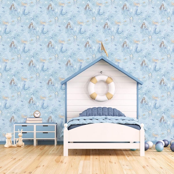 Tiny Tots 2-Collection Blue/Purple Glitter Finish Kids Mermaid Design Non-Woven Paper Wallpaper Roll
