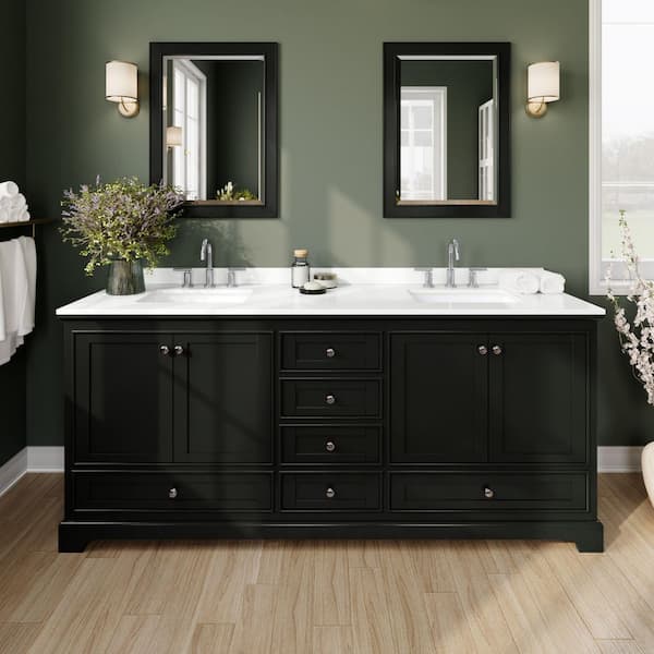 Wyndham Collection Deborah 80 in. W x 22 in. D x 35 in. H Double Bath Vanity in Dark Espresso with White Quartz Top and 70 in. Mirror