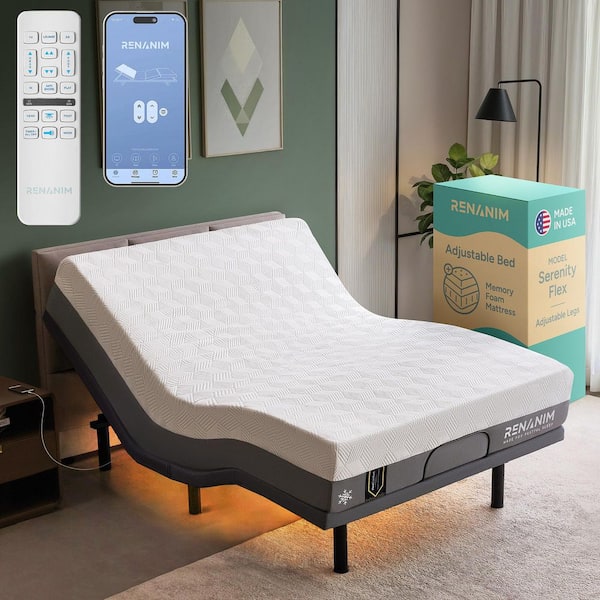 Renanim Gray Queen Adjustable Bed Frame with 12 in.Cooling Gel Memory Foam Mattress, Massage, USB, Under-Bed Light, Remote/App