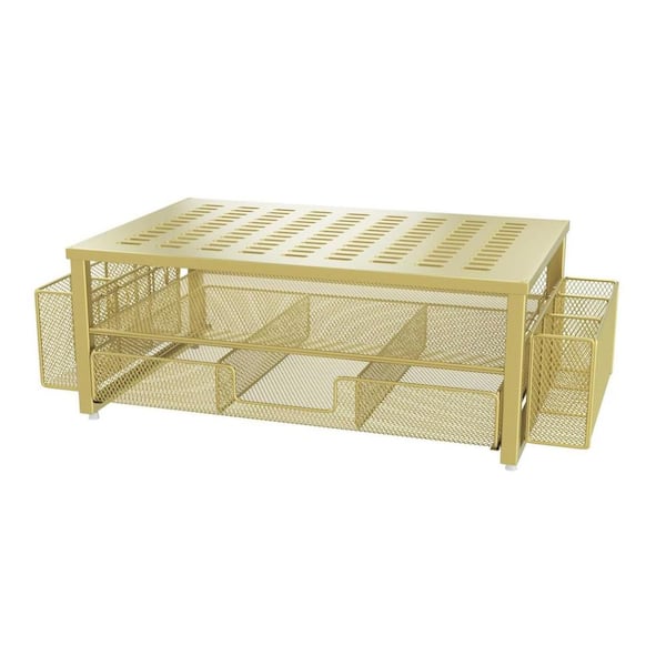 Gold 19.3 in. x 5.5 in. Metal Modern Desk Organizers with Drawer and 2 Pen Holders