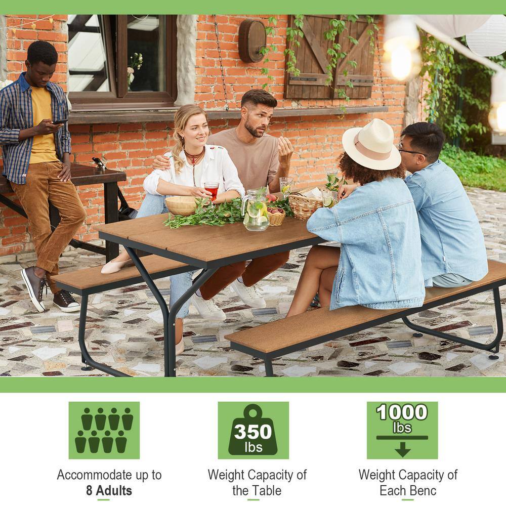 6FT Brown HDPE and Metal Outdoor Picnic Table Bench Set