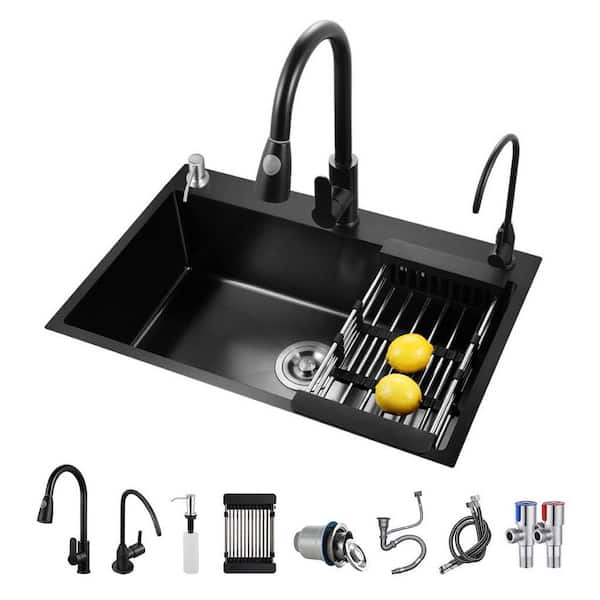 19.7 in. Dual Mount Single Bowl in Black Stainless Steel with Multiple Accessories, Workstation with Pull-out Faucet