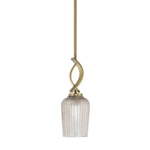 Olympia 1-Light Stem Hung New Age Brass, Mini Pendant-Light with Silver Textured Clear Glass Shade, No Bulb Included