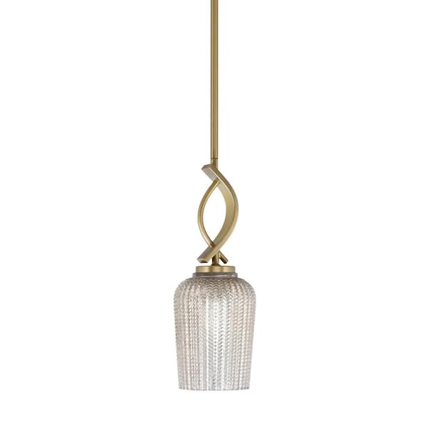 Unbranded Olympia 1-Light Stem Hung New Age Brass, Mini Pendant-Light with Silver Textured Clear Glass Shade, No Bulb Included