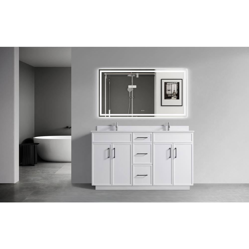 60" White Double Sink Freestanding Bathroom Vanity with Cultured Marble Top
