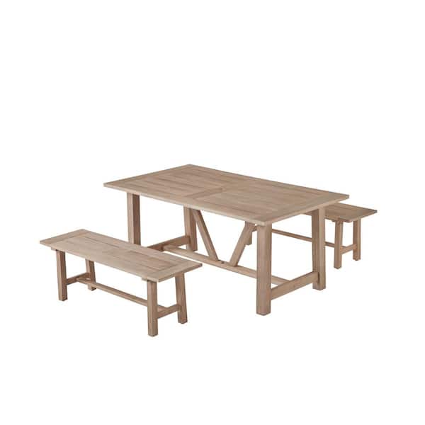 Best Quality Furniture Richard Light Oak 3-Piece Acacia Wood Rectangle Standard Height Outdoor Dining Set with 2-Benches No Cushions