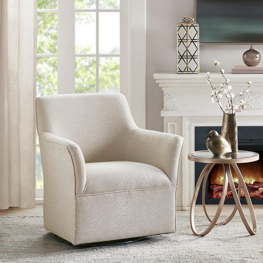 Cream Microfiber Swivel Glider Accent Chair with Wood Frame