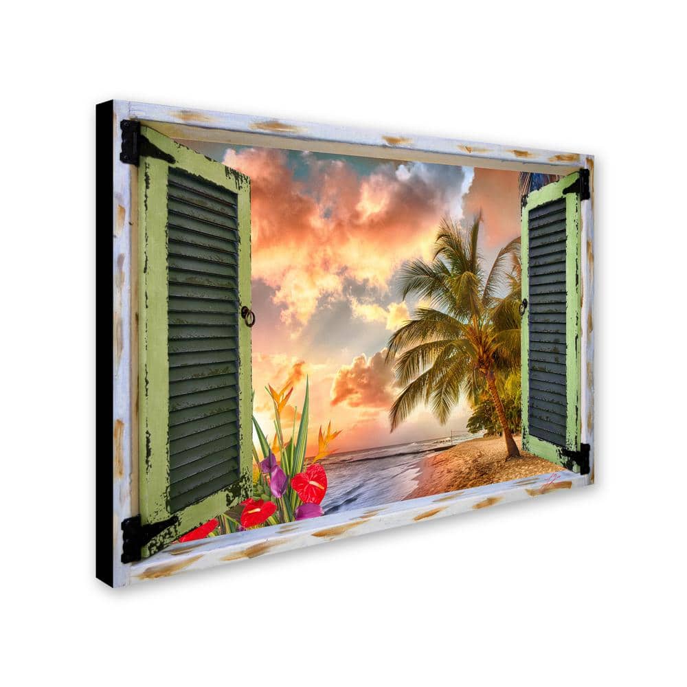 Tropical Sunset Beach Landscape Canvas Print with Green Shutters