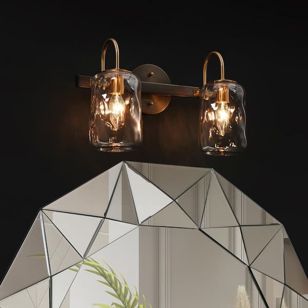 LNC Cellar Modern 14.6 in. 2-Light Vanity Light Gunmetal Gray and Plating Brass Wall Light with Jar Textured Glass Shades