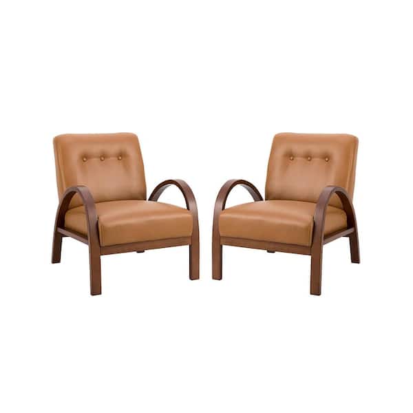 JAYDEN CREATION Byblis Vegan Leather Camel Armchair with Wooden Legs (Set of 2)