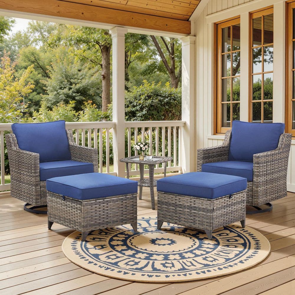 Glissia Gray 5-Piece Wicker Swivel Gliders Patio Conversation Set with 4 in. Navy Blue Cushions and Ottomans price history on PriceWatchPro