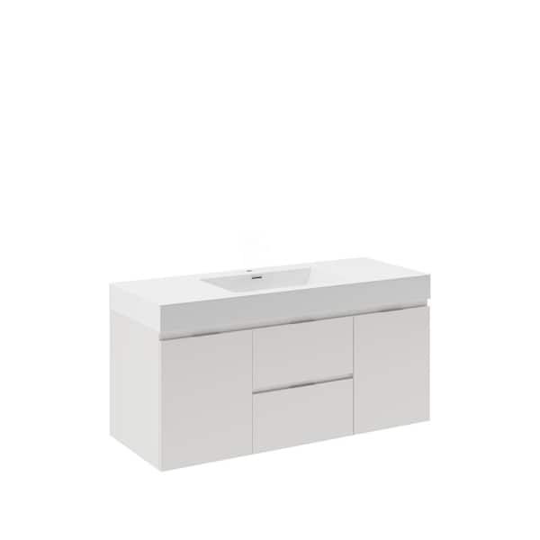 Valencia 48 in. W Wall Hung Bathroom Vanity in Glossy White with Acrylic Vanity Top in White