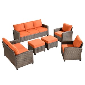 Solidago Brown 6-Piece Wicker Outdoor Patio Conversation Seating Set with Orange Red Cushions