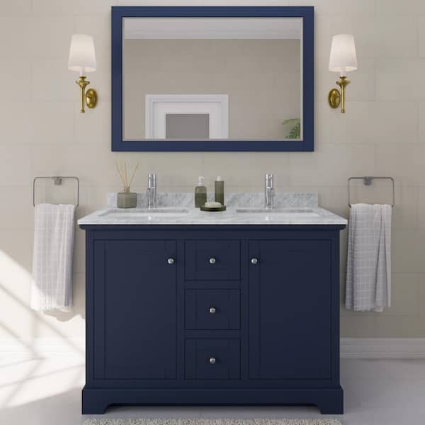 Wyndham Collection Avery 48 in. W x 22 in. D x 35 in. H Double Bath Vanity in Dark Blue with White Carrara Marble Top