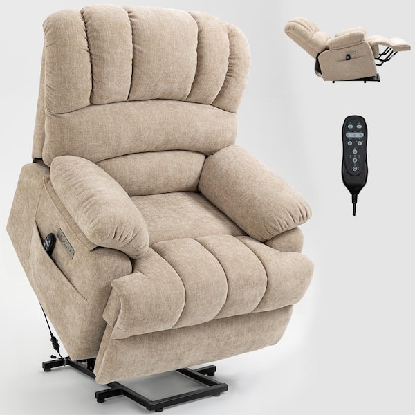 sumyeg 40" W Beige Oversize Chenille Power Lift Recliner Chair with Massage and Heating