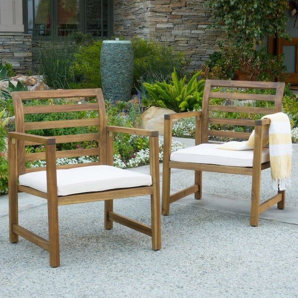 Set of 2 Natural Brown Acacia Wood Club Chairs Outdoor Lounge Chair with Beige Cushion