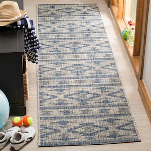 Courtyard Gray/Navy 2 ft. x 8 ft. Global Indoor/Outdoor Patio  Runner Rug