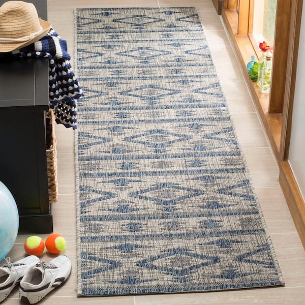 Courtyard Gray/Navy 2 ft. x 8 ft. Global Indoor/Outdoor Patio  Runner Rug