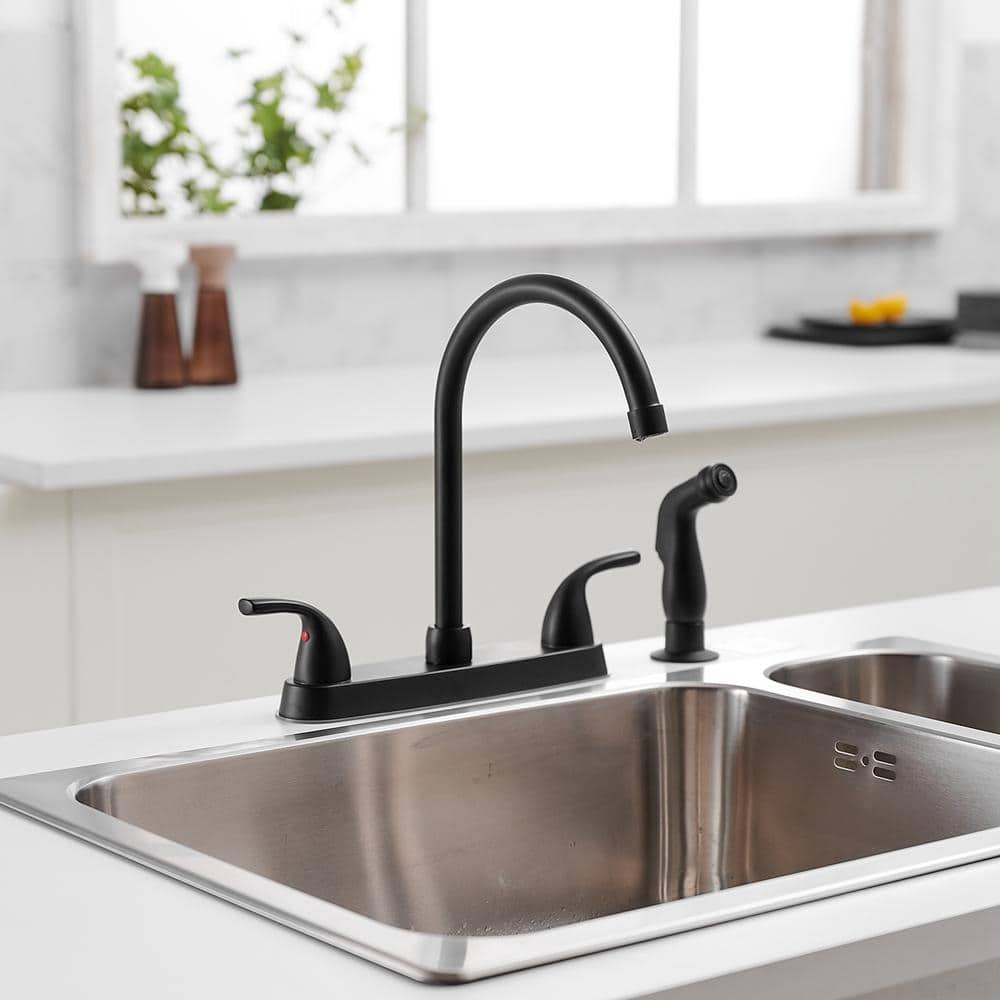 Matte Black Double Handle Bridge Kitchen Faucet with Pull-out Spray
