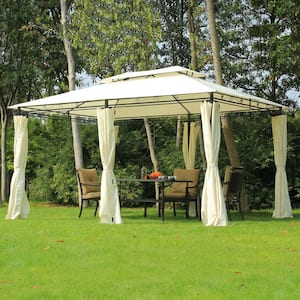 10 ft. x 13 ft. 2-Tier Steel Outdoor Garden Gazebo With Vented Soft Top Canopy And Removable Curtains, Cream White