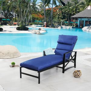 Metal Outdoor Chaise Lounge with Blue Cushions