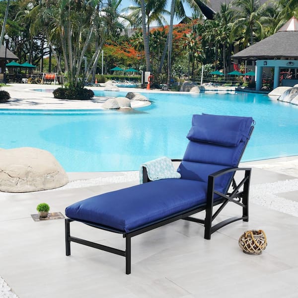 Patio Festival Metal Outdoor Chaise Lounge with Blue Cushions