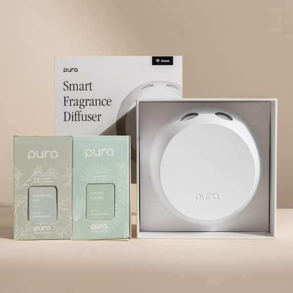 Smart Home Fragrance Diffuser Starter Set with Linens and Surf and White Tea Number 1-Scent Refills - White