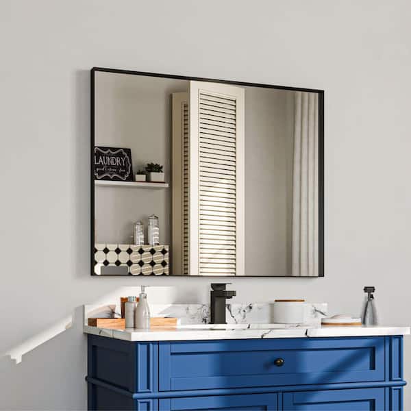 28 in. W x 36 in. H Rectangular Aluminum Framed Wall Bathroom Vanity Mirror in Black
