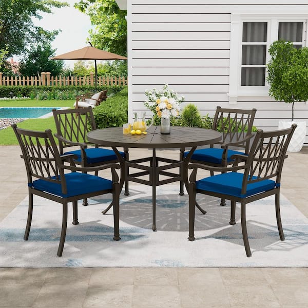 Mondawe 5-Piece Brown Cast Aluminum Round 48 in. W Table Outdoor Dining Set with 4-Dining Chairs and Navy Blue Cushions