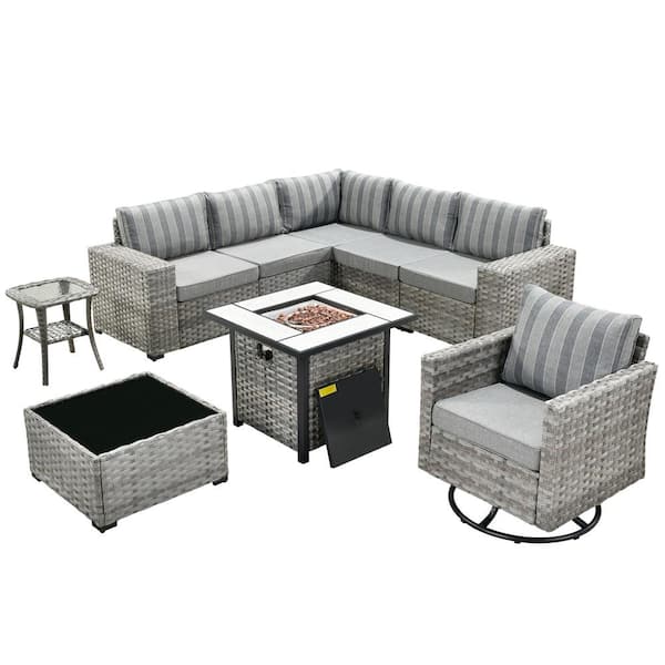 XIZZI Metis 9-Piece Wicker Outdoor Patio Fire Pit Sectional Sofa Set with Stripes Gray Cushions and Swivel Rocking Chairs
