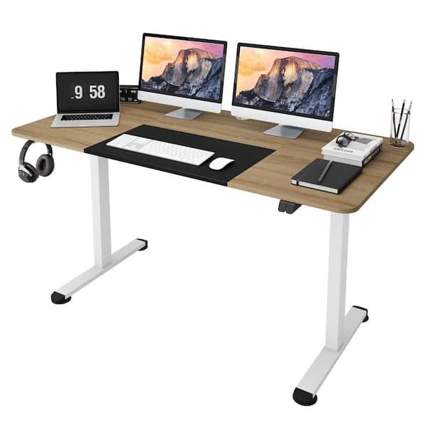 Gymax 55 in. Oak Electric Standing Desk Height Adjustable Home Office Table with Hook