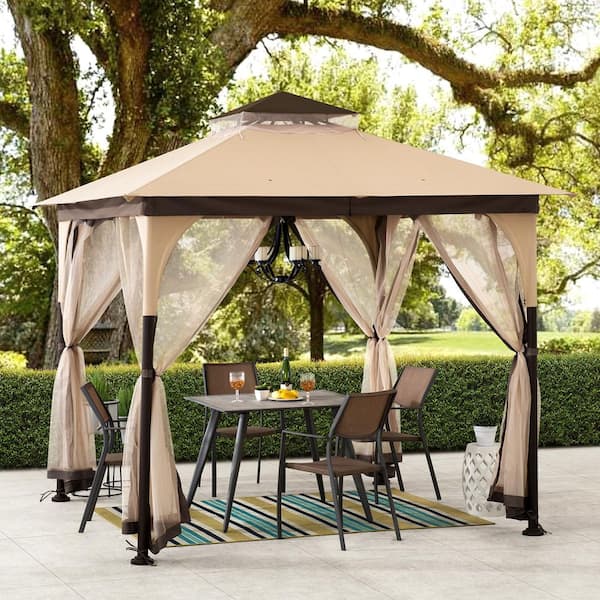 9.5 ft. x 9.5 ft. Soft Top Outdoor Steel Frame Gazebo Canopy with Double Roof and Nettting for Backyard, Beige and Brown