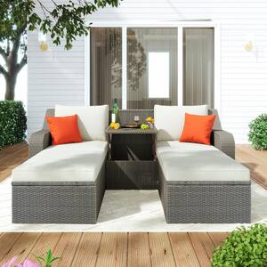 Set of 2 Olivia Patio Furniture ~ Outdoor Wicker Chaise Lounge Chair with Arms w/ Water Resistant Cushions Grey with Caramel 