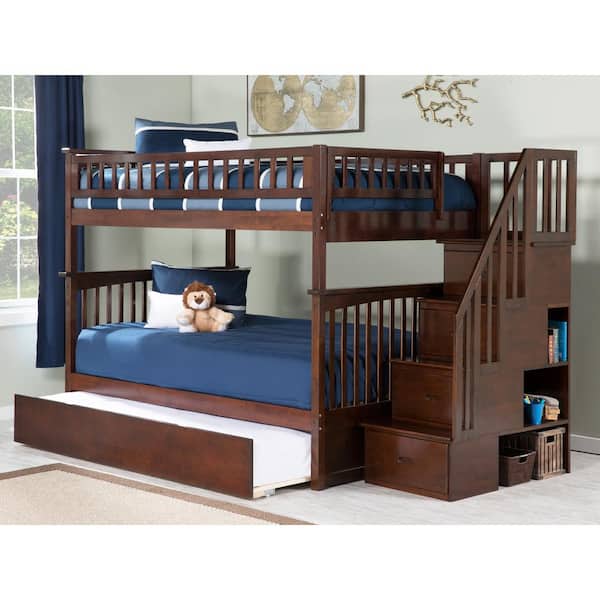 AFI Columbia Staircase Bunk Bed Full over Full with Full Size Urban Trundle Bed in Walnut