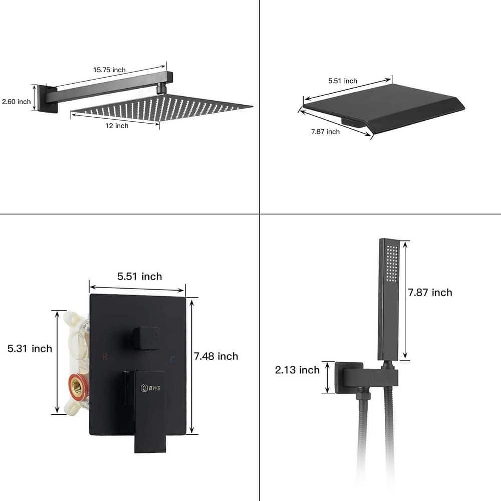 Matte Black 12-Inch Stainless Steel Rain Shower System with Handheld