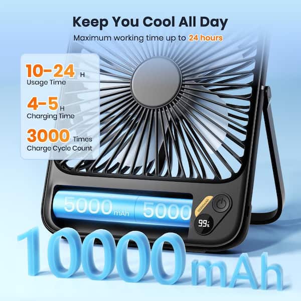 5 in. 4-Speeds Desk Fan in Black, 10000mAh, Ultra-thin Digital Display Mini Desk Fan for Bedroom, Camping