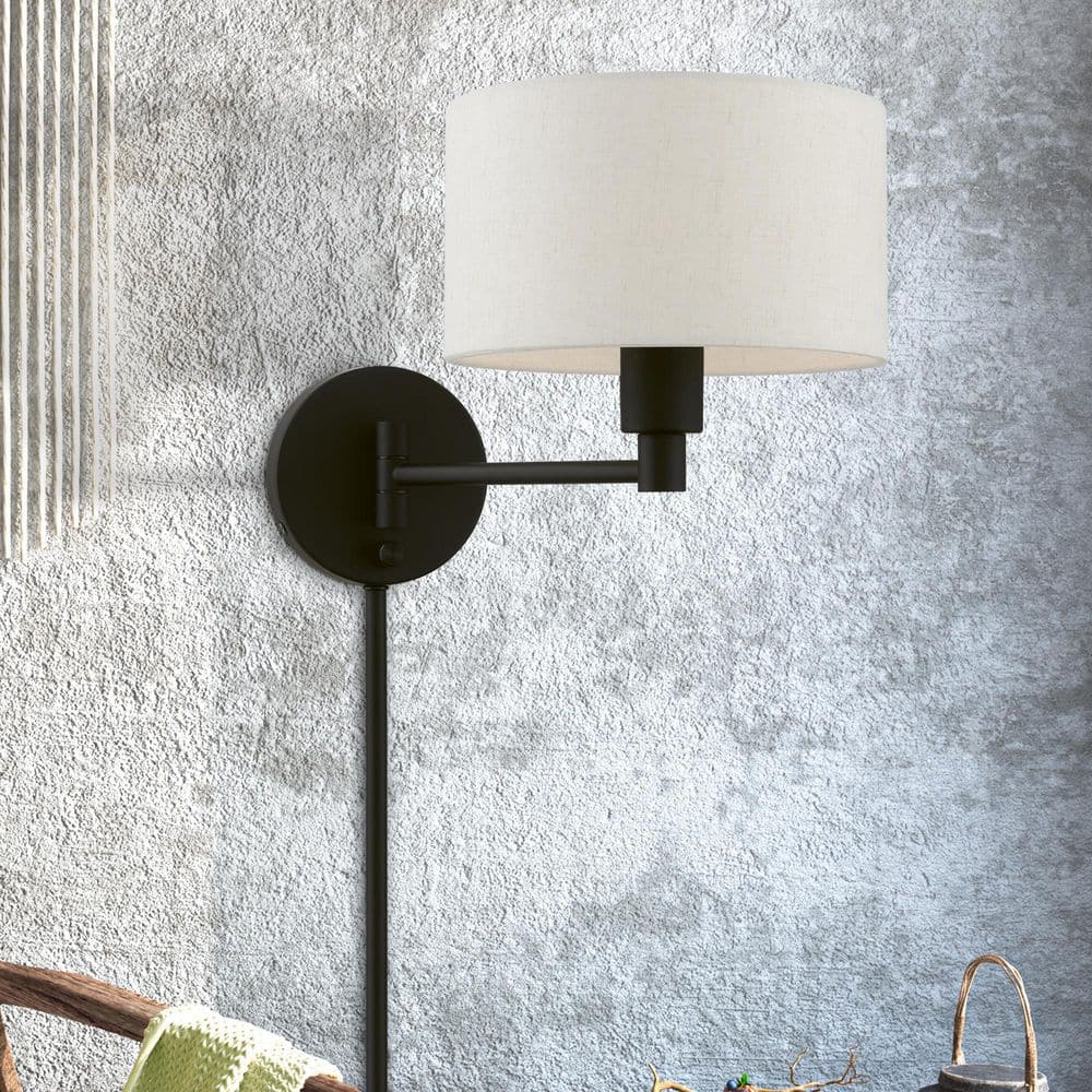 Transitional Black Swing Arm Wall Lamp with Oatmeal Fabric Shade