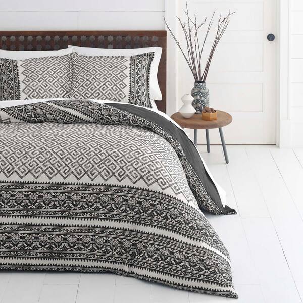 Azalea Skye Greca Borders 3 Piece Black And White Geometric Plush Microfiber King Duvet Cover Set 221835 The Home Depot - Plush Duvet Cover White