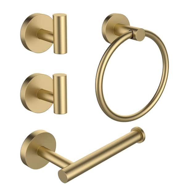 4-Piece Bath Hardware Set with Towel Bar Hand Towel Holder Toilet Paper Holder Towel Hook Modern Square in Brushed Gold