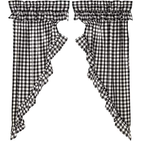 VHC BRANDS Annie Buffalo Check Black White 36 in. x 63 in. L Ruffled Cotton Light Filtering Rod Pocket Prairie Window Curtain Pair