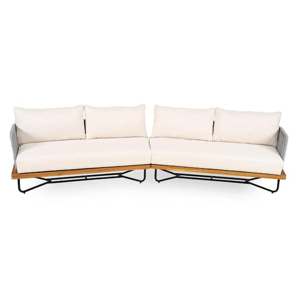 Hedda Patio 2-Piece Solid Wood and Rope Weave Outdoor Sectional Sofa Set with Beige Cushions, Teak Finish + Grey