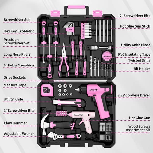 Laybus 188-Pcs Pink Tool Set Drill Set with Pink Cordless Drill