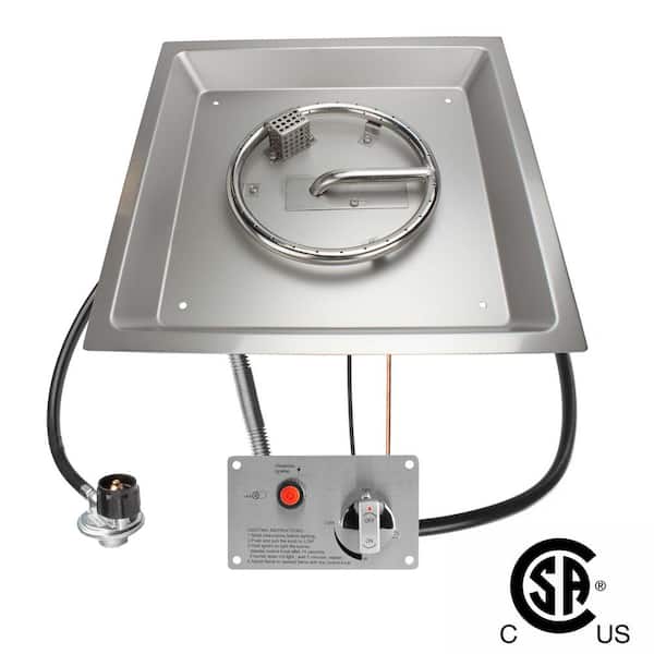 17 in. Square CSA Certified Fire Pit Burner Kit, Stainless Steel, Propane, Electronic Ignition