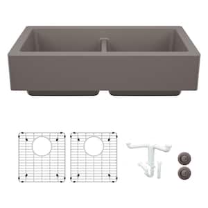 Vintera 33 in. Farmhouse/Apron-Front Double Bowl Volcano Gray Granite Composite Kitchen Sink Kit with Accessories