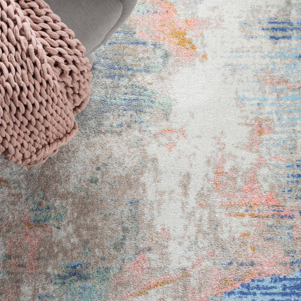 Beige Blue/Pink Distressed Synthetic Runner Rug, 2'2" x 9'