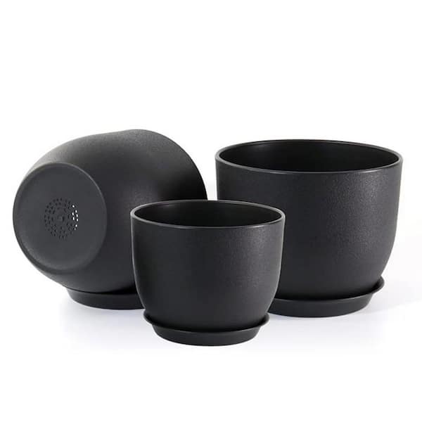 10/9/8 in. Medium Black Plastic Round Planter Set (3-Pack)